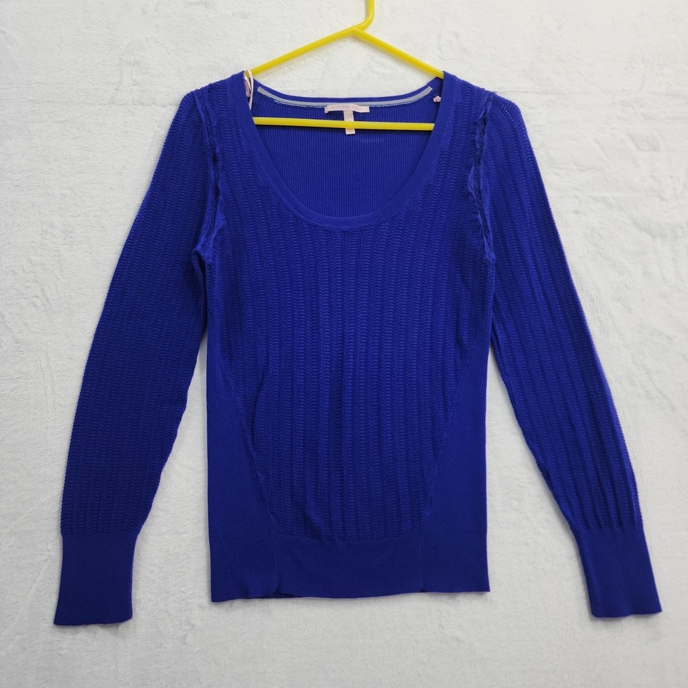 Victoria's Secret Sweater Womens L Blue Scoop Neck Eyelash Lace Stretch Pullover